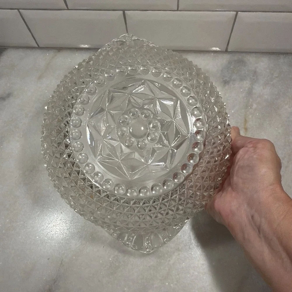 Hobnail Pressed Clear Glass Bowl Handled Scalloped Edge Diamond Vintage OLA05